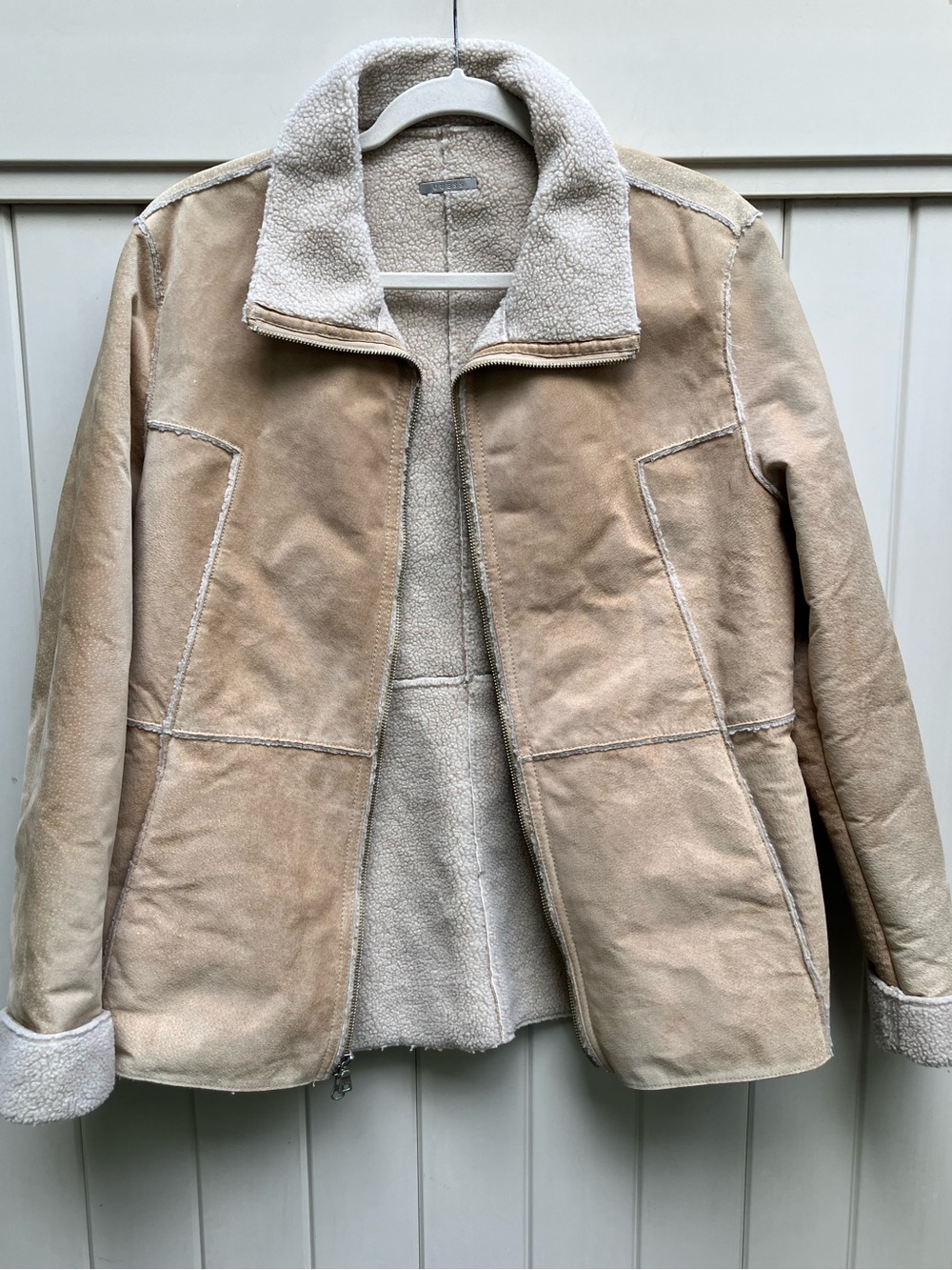 Guess y2k leather camel suede tan jacket lined patchwork women's large sherpa